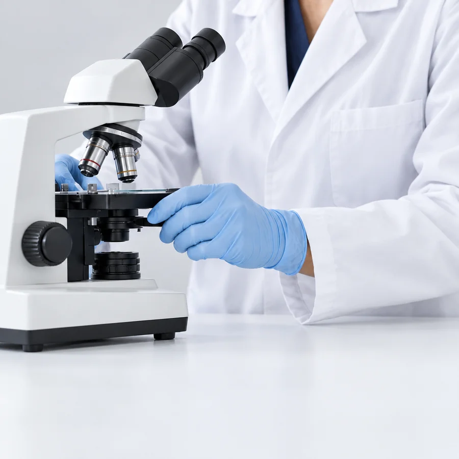 Gloved hands and a lab coat at a microscope